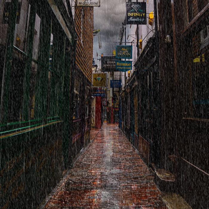 Dickensian. The Lanes in the rain, Brighton. By Brian Roe