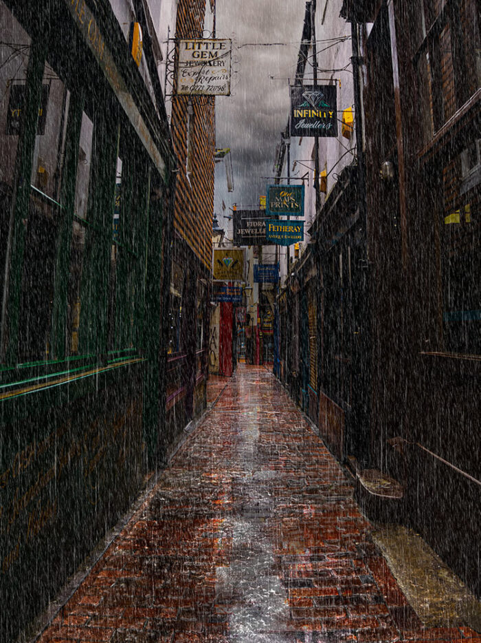 Dickensian. The Lanes in the rain, Brighton. By Brian Roe