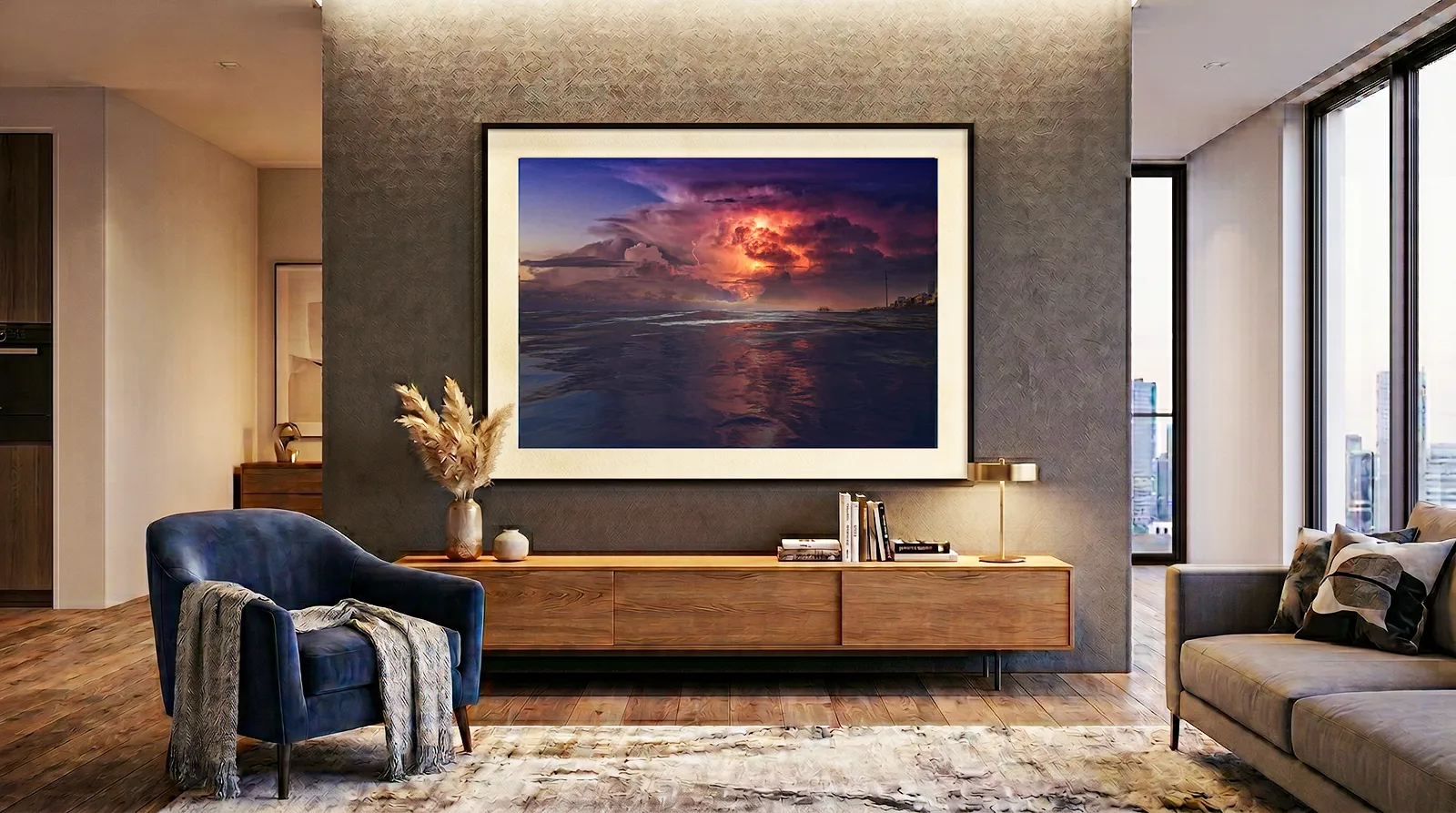 tempest-in-living-room-by-brian-roe Large framed fine art photography print of Tempest by Brian Roe, showcasing a dramatic lightning storm over Brighton West Pier, displayed in a luxury modern living room setting.
