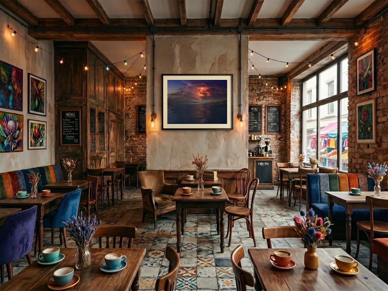 tempest-restaurant-by-brian-roe Framed fine art photography print of Tempest by Brian Roe, depicting a dramatic lightning storm over Brighton West Pier, styled on a central pillar inside a rustic restaurant interior.