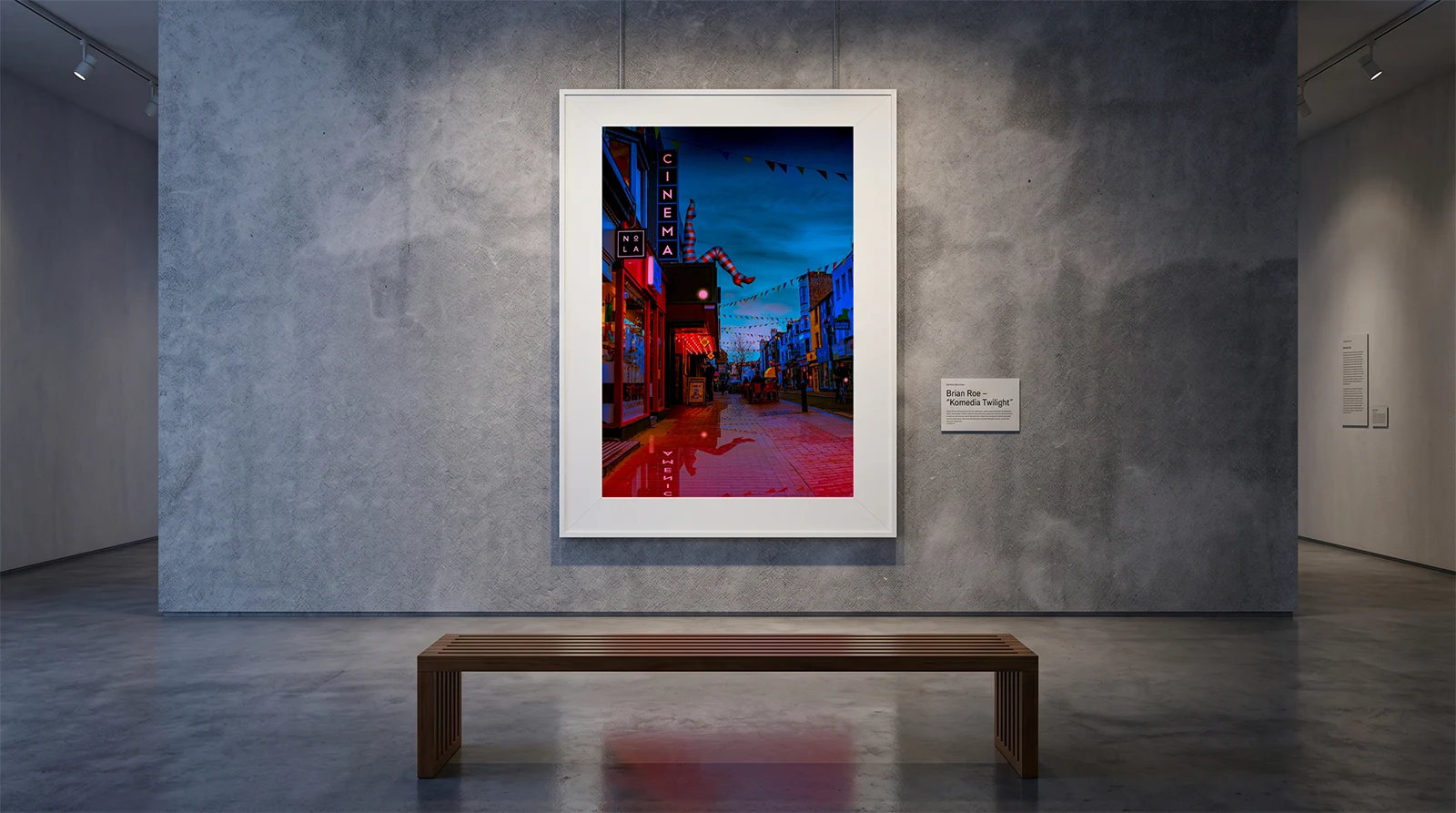 komedia brighton framed in gallery brian roe Fine art print of Brighton Komedia cinema at twilight featuring iconic striped legs sculpture and glowing neon signs reflecting on wet pavement.