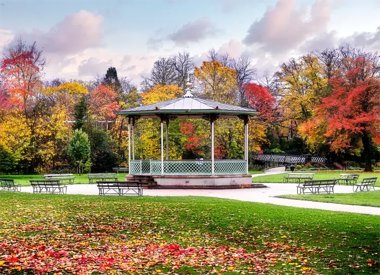 the pump room gardens and bandstand in leamington spa by brian roe A daytime photograph of the historic Victorian bandstand in the Pump Room Gardens, Royal Leamington Spa, surrounded by vibrant autumn foliage, park benches, and fallen leaves scattered on the grass.