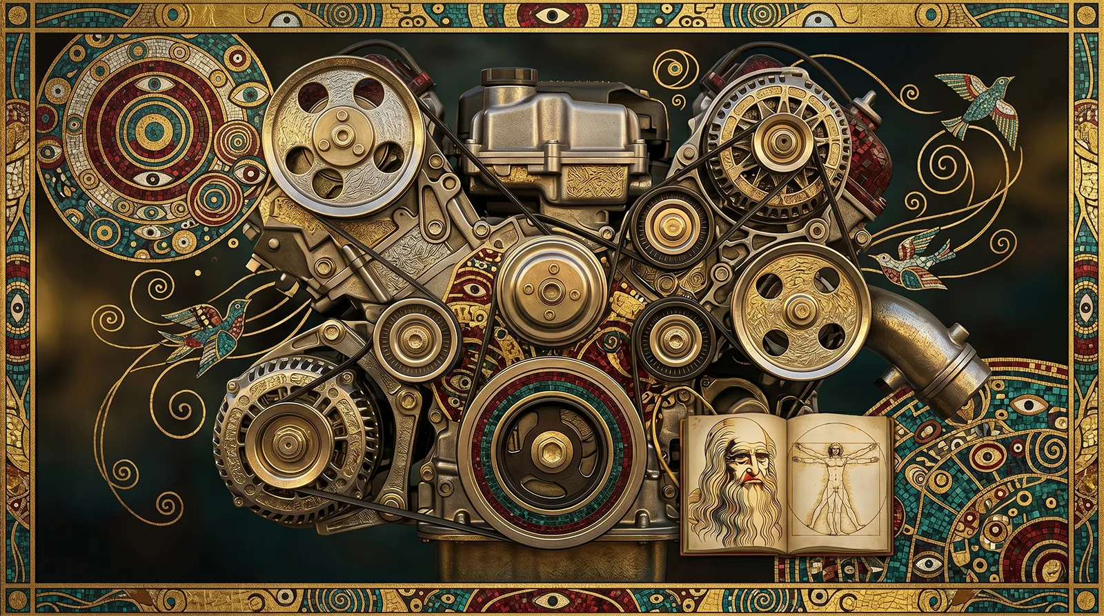A fine art composition titled Sticks, Pixels, and the Golden Ratio by Brian Roe, blending a mechanical engine block with gold leaf mosaic art in the style of Gustav Klimt, featuring an open notebook with Leonardo da Vinci sketches.