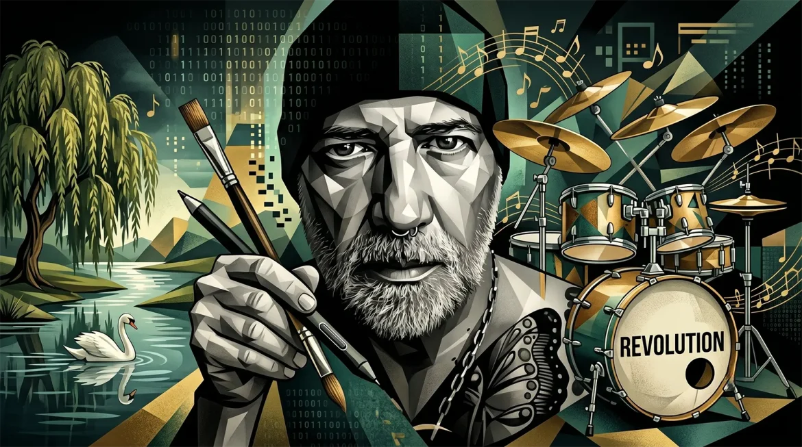 A contemporary cubist-abstract fine art collage. A central self-portrait of artist Brian Roe with intense eyes, a septum ring, silver chain, and a butterfly shoulder tattoo, set against a dark void with integrated geometric forms. On the right, a detailed, complex drum kit is meticulously woven into the cubist geometry. Musical notes swirl around the composition. A hand holds both a traditional paintbrush and a modern digital stylus. On the left, a weeping willow and serene river scene with a swan and its reflection from image_0.png are subtly integrated. The background features glowing fragmented binary code and digital patterns, symbolizing the continuation of soul through new tools.