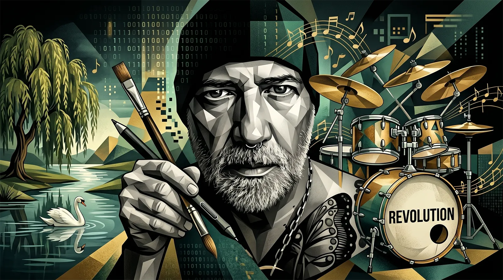 A contemporary cubist-abstract fine art collage. A central self-portrait of artist Brian Roe with intense eyes, a septum ring, silver chain, and a butterfly shoulder tattoo, set against a dark void with integrated geometric forms. On the right, a detailed, complex drum kit is meticulously woven into the cubist geometry. Musical notes swirl around the composition. A hand holds both a traditional paintbrush and a modern digital stylus. On the left, a weeping willow and serene river scene with a swan and its reflection from image_0.png are subtly integrated. The background features glowing fragmented binary code and digital patterns, symbolizing the continuation of soul through new tools.
