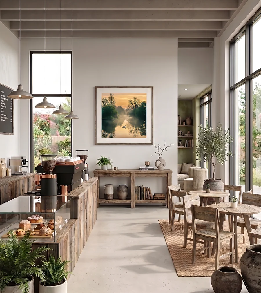 the-grace-of-a-solitary-dawn-by-brian-roe-cafe The framed print 'The Grace of a Solitary Dawn' by Brian Roe displayed on the wall of a rustic, open-plan coffee shop mockup.