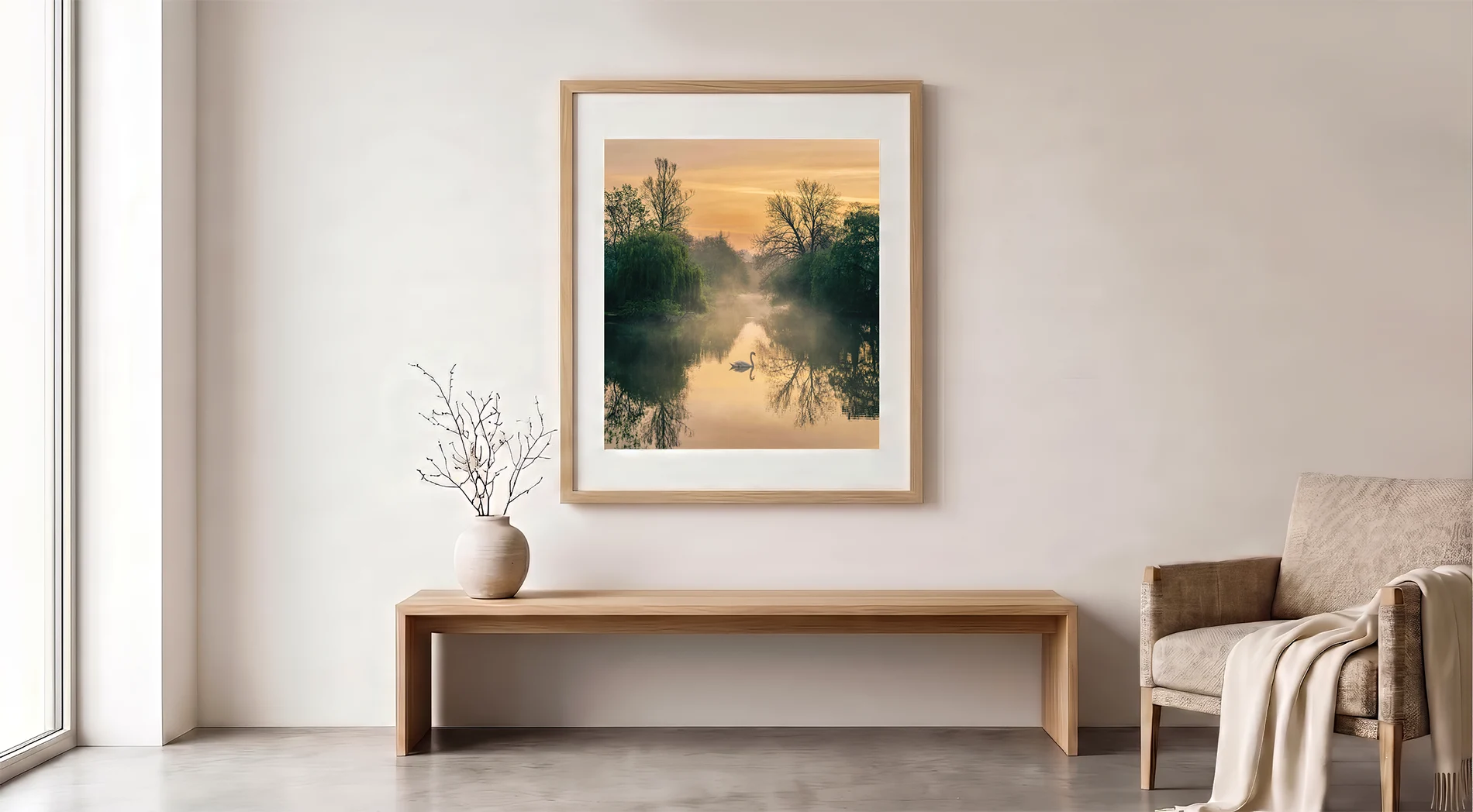 the-grace-of-a-solitary-dawn-by-brian-roe - living room Hero header banner showcasing the framed print 'The Grace of a Solitary Dawn' by Brian Roe in a minimalist living room mockup.